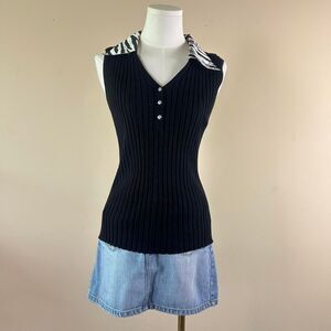 Y2K Ribbed Top with Zebra Print Collar